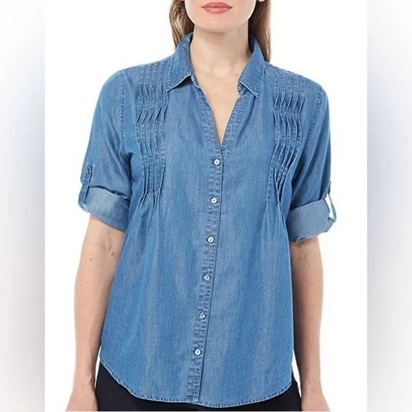 Gloria Vanderbilt Giselle Chambray button down top - Picture 1 of 9